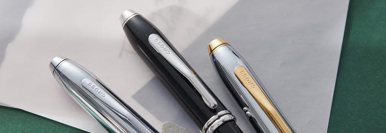 Pen caps of the Townsend collection displayed side by side, including Lustrous Chrome, Black Lacquer with Rhodium-Plated Appointments, and Medalist finishes.