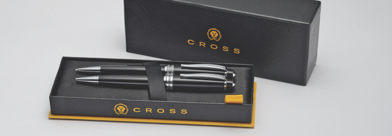 Open Cross gift box containing a Black Lacquer Bailey Ballpoint Pen and a Black Lacquer Bailey Mechanical Pencil.