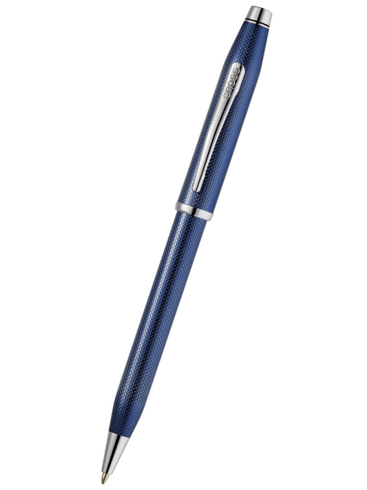 Blue pen with silver accents on a white background