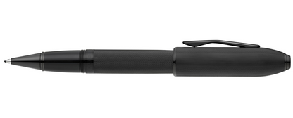 Black pen on a white background