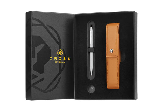 Cross pen and leather case set in a black box with Cross branding.