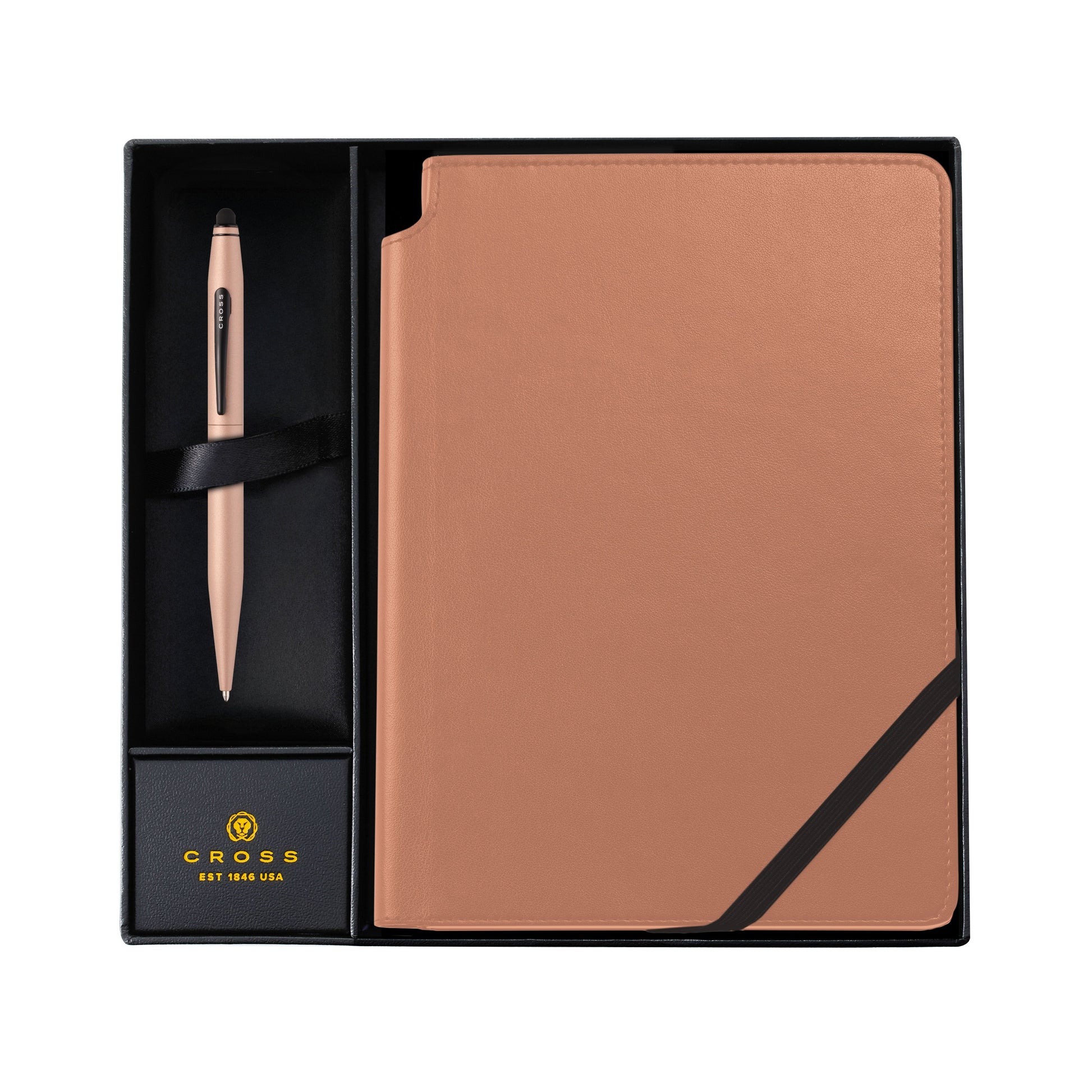 Brown notebook and rose gold pen set in a black box with Cross branding.